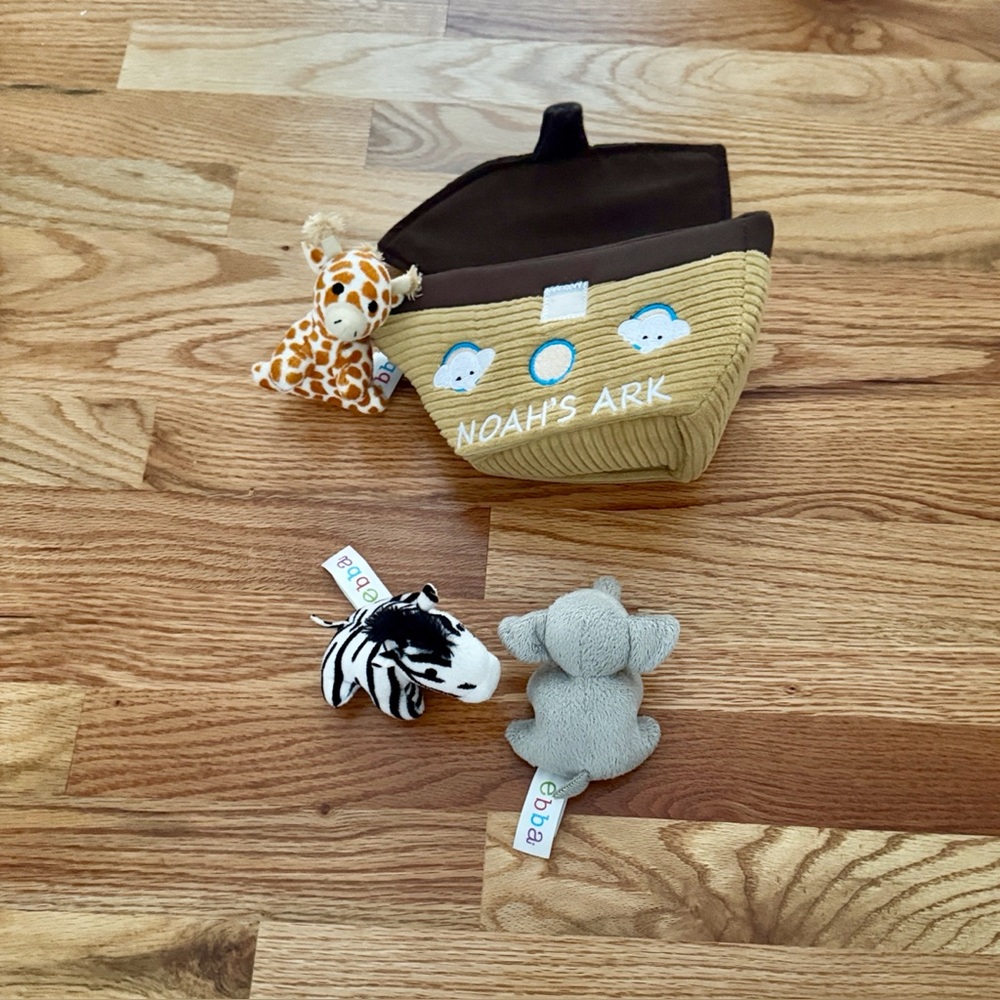 Noah's Ark Plush baby Toy Set - Brown and Black Velcro handle elephant lion etc